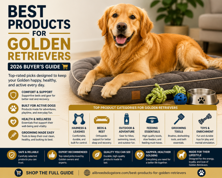 Golden Retriever relaxing on a supportive dog bed with everyday essentials featured in a Golden Retriever products buyer’s guide